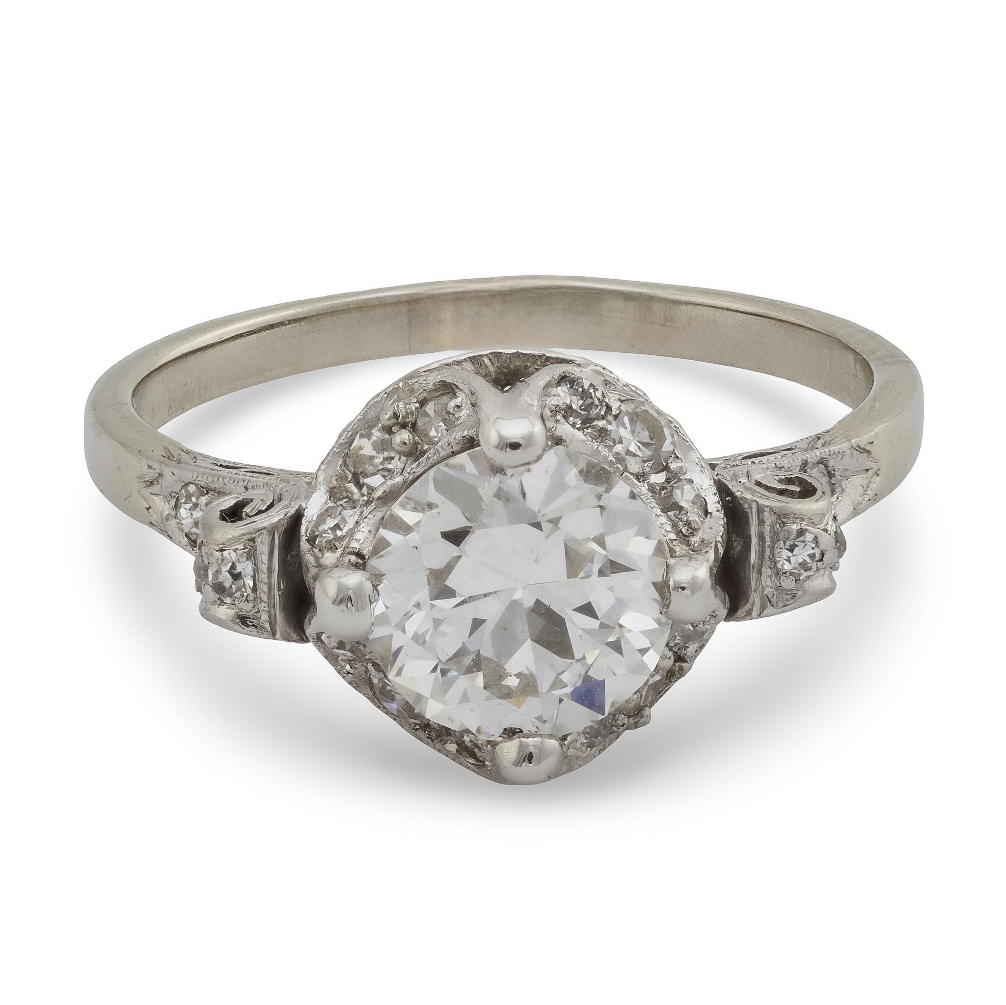Taille vieille Europe Bague de fiançailles Art déco GIA 1,41 carat diamant platine or blanc 18k en vente