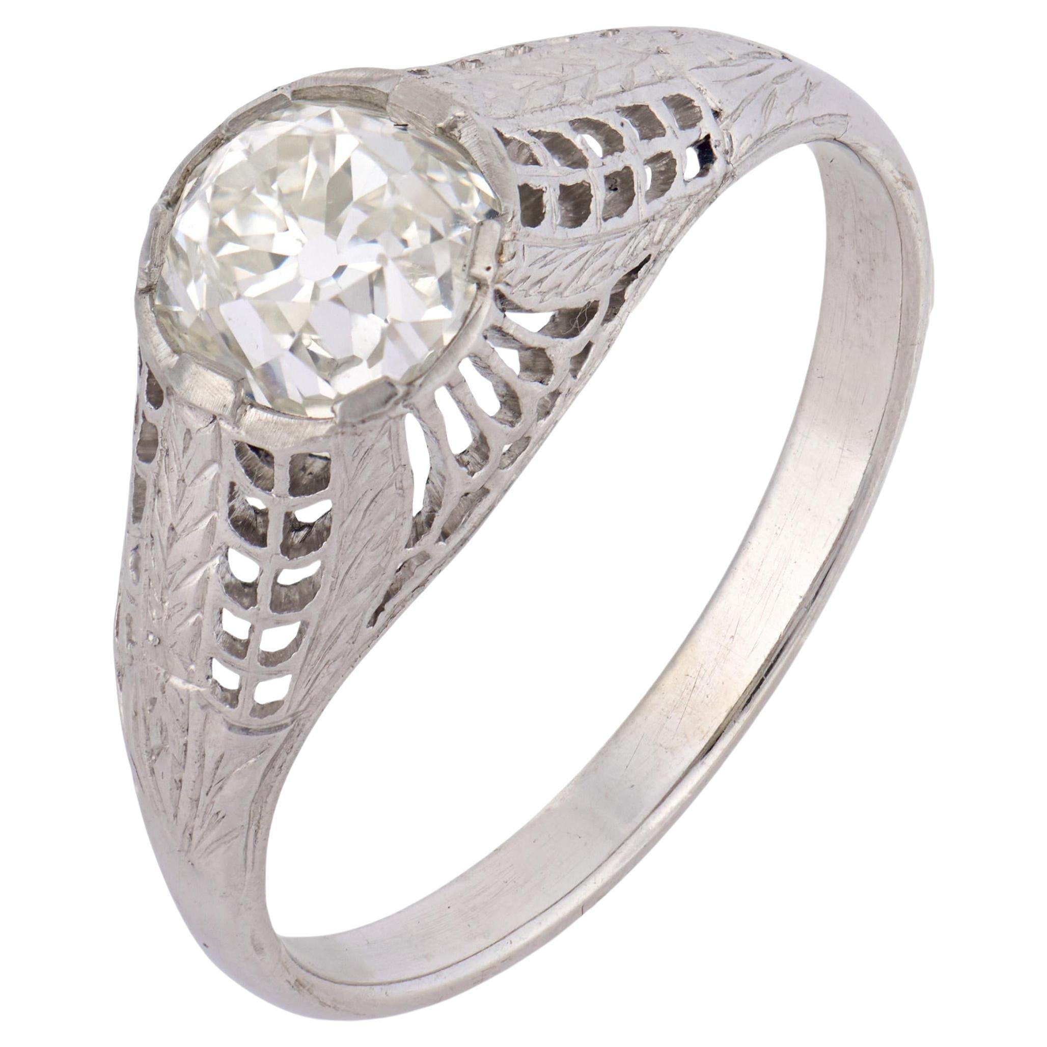 Art Déco GIA 1,41 quilates diamante talla mina antigua Anillo de compromiso de oro blanco de 14 quilates en venta