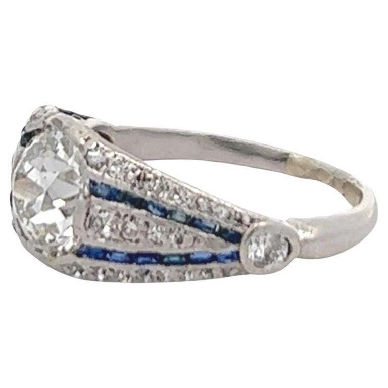 Art Deco GIA 1.43 Old European Cut Diamond Sapphire Platinum Ring 1