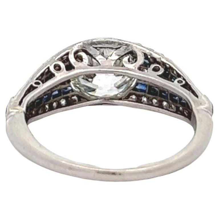 Art Deco GIA 1.43 Old European Cut Diamond Sapphire Platinum Ring 2