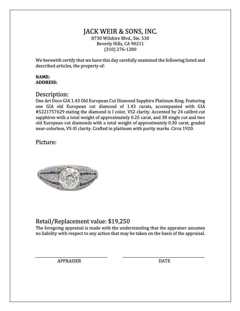 Art Deco GIA 1.43 Old European Cut Diamond Sapphire Platinum Ring 4