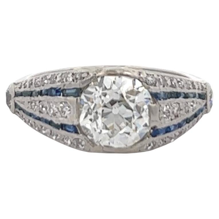 Art Deco GIA 1.43 Old European Cut Diamond Sapphire Platinum Ring