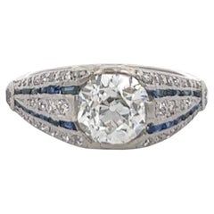 Art Deco GIA 1.43 Old European Cut Diamond Sapphire Platinum Ring