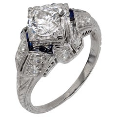 Anello Art Deco GIA in platino con diamante e zaffiro da 1,44 carati