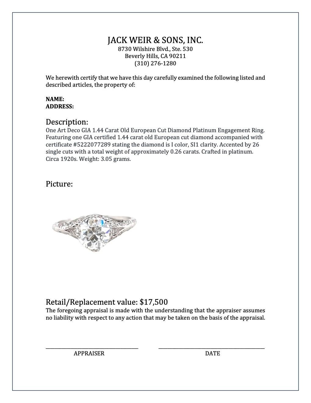 Art Deco GIA 1.44 Carat Old European Cut Diamond Platinum Engagement Ring 4