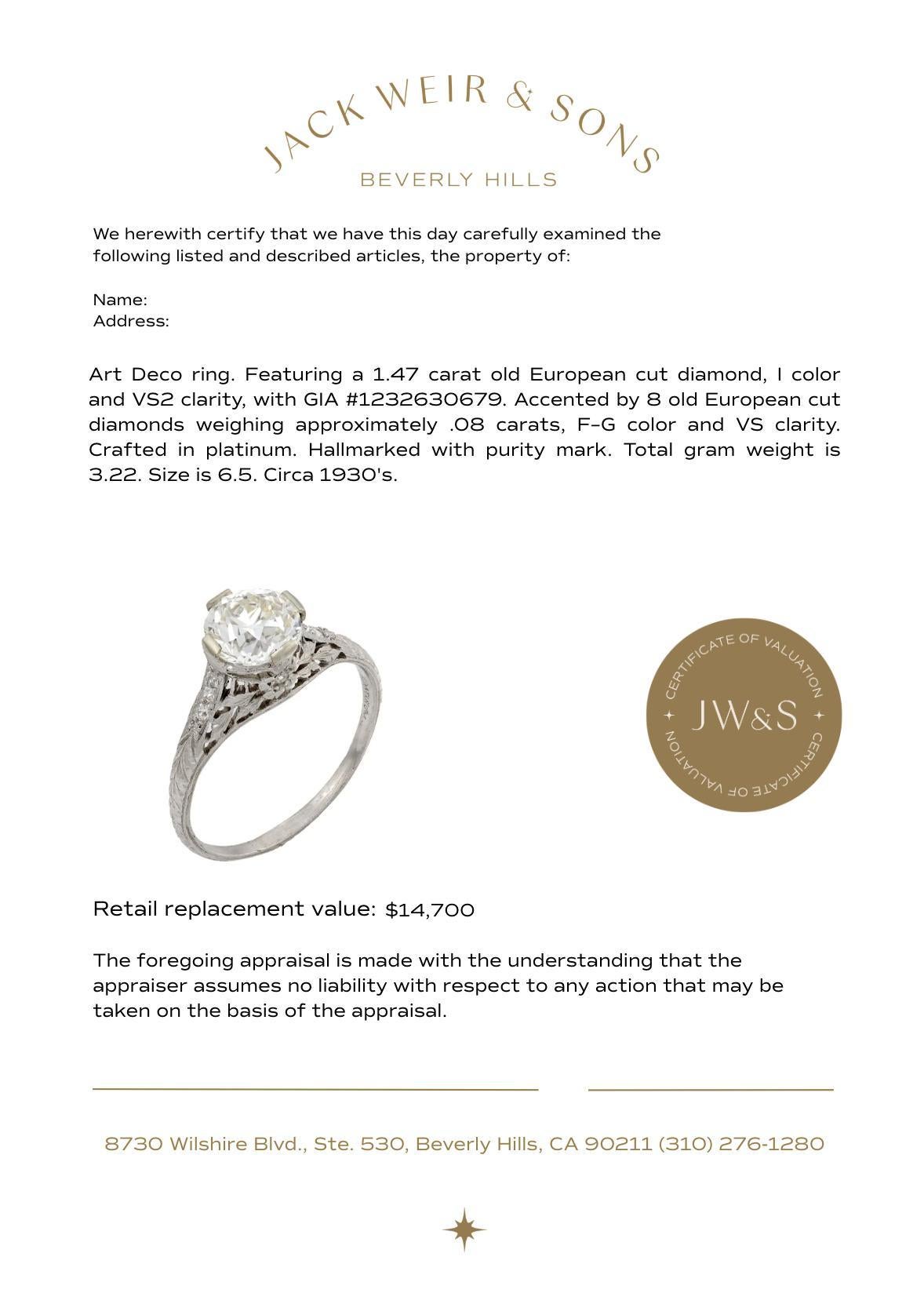 Anello di fidanzamento in platino con diamante Art Deco GIA da 1.47 carati in vendita 1