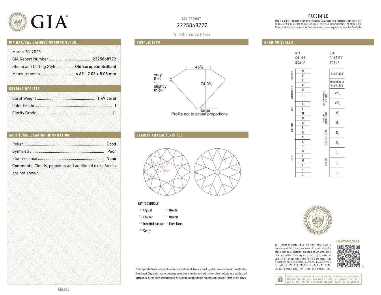 Platinring mit GIA 1.49 Karat Diamant im alteuropäischen Schliff im Art déco-Stil 1