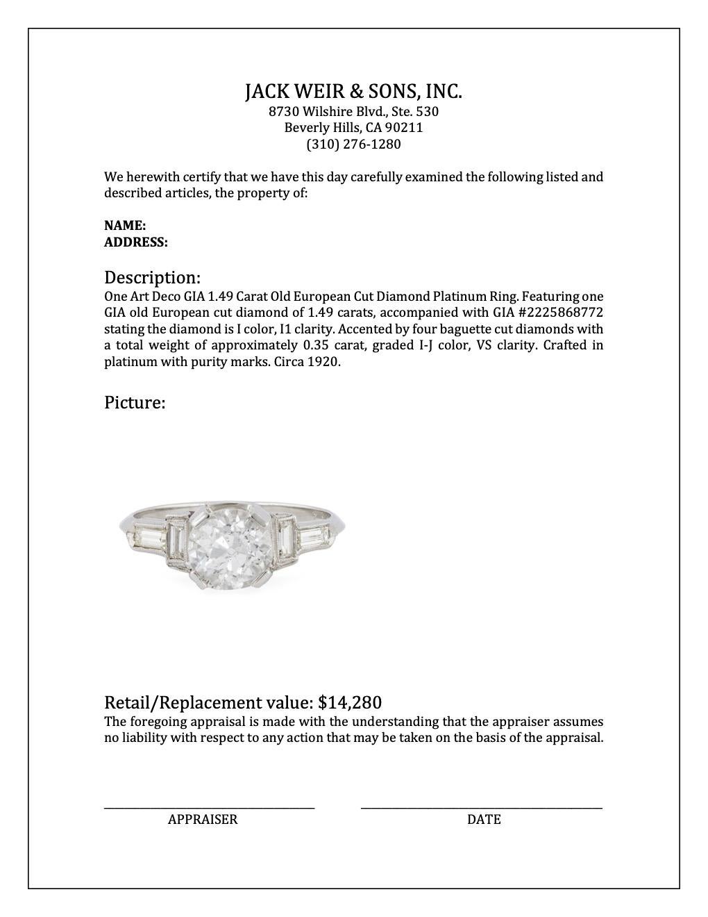 Platinring mit GIA 1.49 Karat Diamant im alteuropäischen Schliff im Art déco-Stil 2