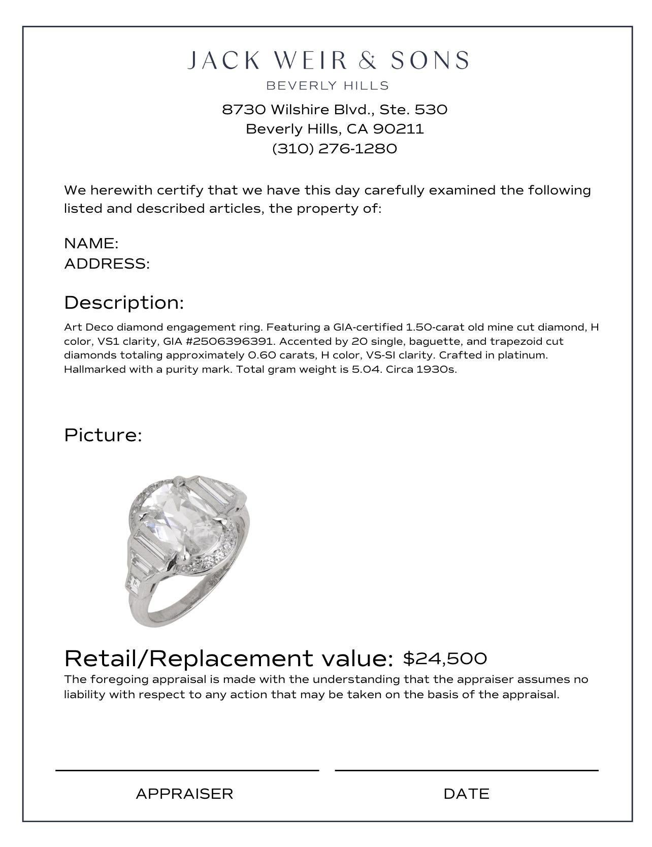 Art Deco GIA 1.50 carat old mine cut diamond platinum engagement ring 1