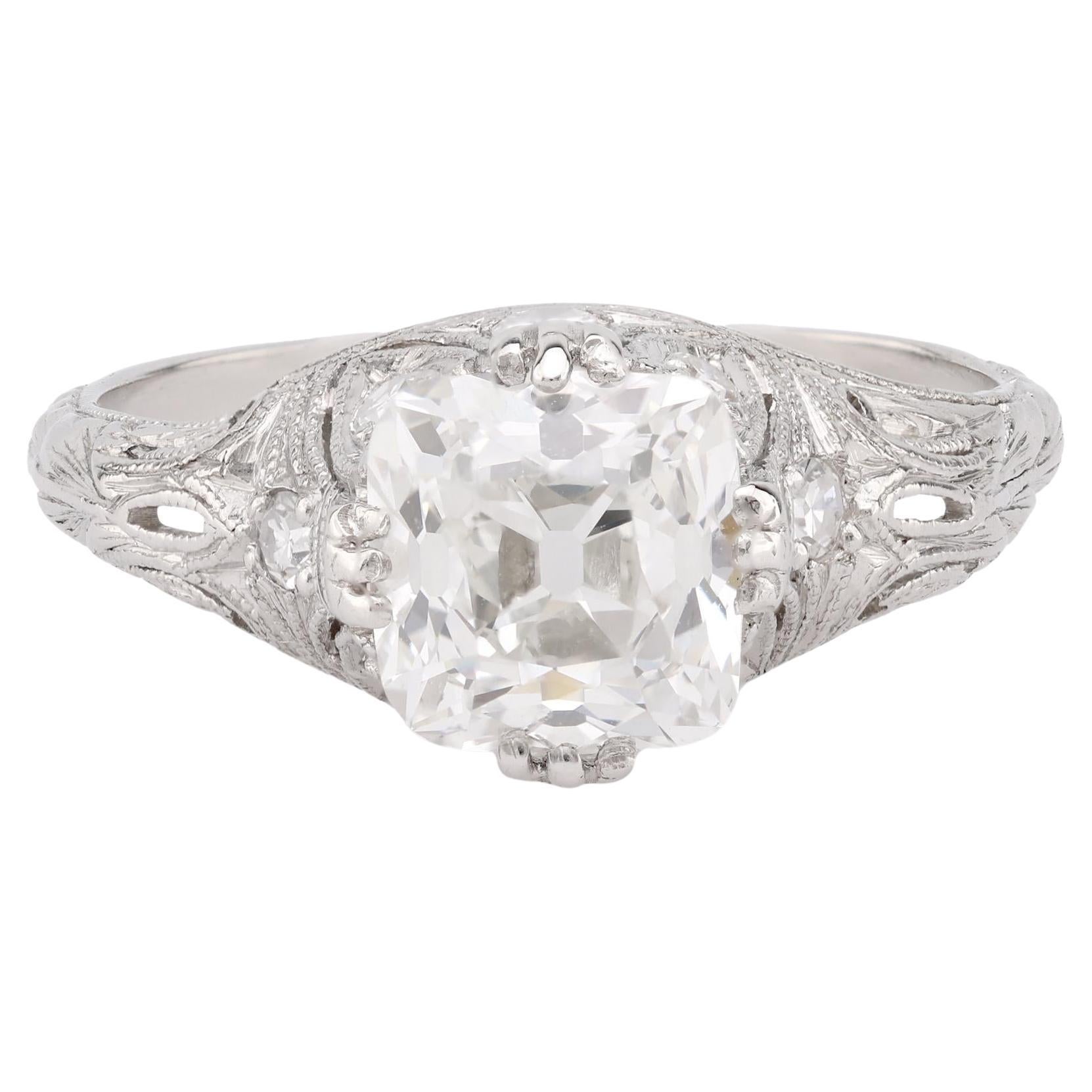 Bague de fiançailles en platine Art déco GIA 1.50 carats diamant ancienne mine