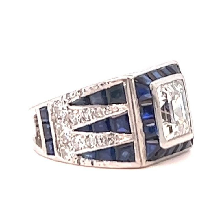 Art Deco GIA 1.50 Carats Asscher Cut Diamond Sapphire Platinum Ring 1