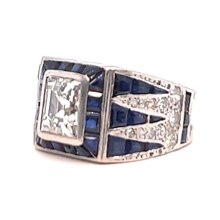 Art Deco GIA 1.50 Carats Asscher Cut Diamond Sapphire Platinum Ring 2