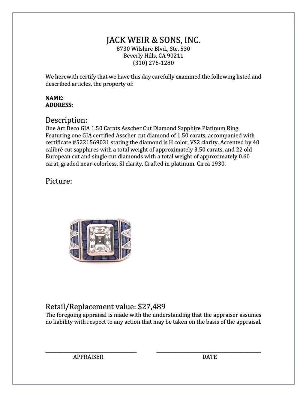 Art Deco GIA 1.50 Carats Asscher Cut Diamond Sapphire Platinum Ring 5