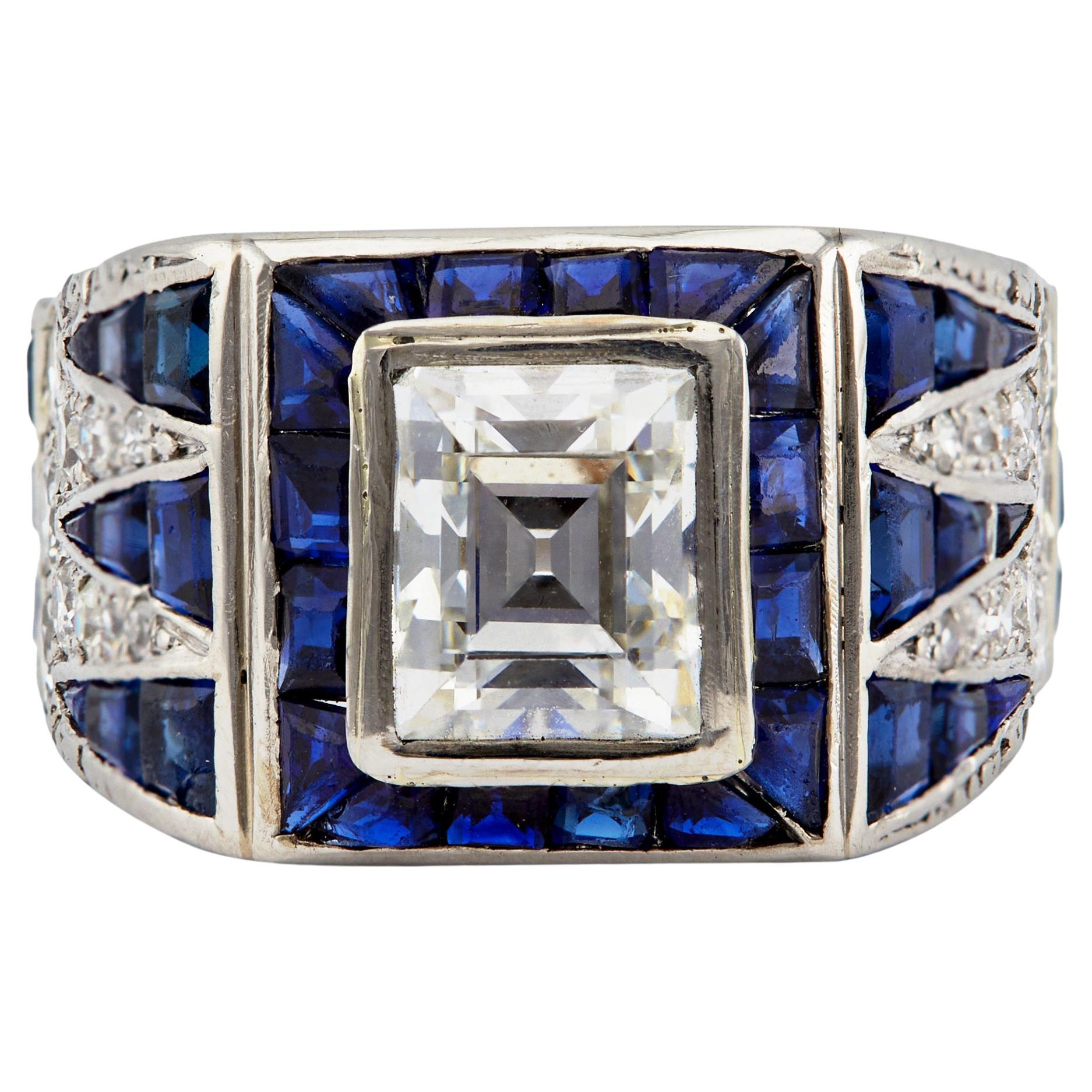 Art Deco GIA 1.50 Carats Asscher Cut Diamond Sapphire Platinum Ring