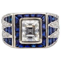 Art Deco GIA 1.50 Carats Asscher Cut Diamond Sapphire Platinum Ring