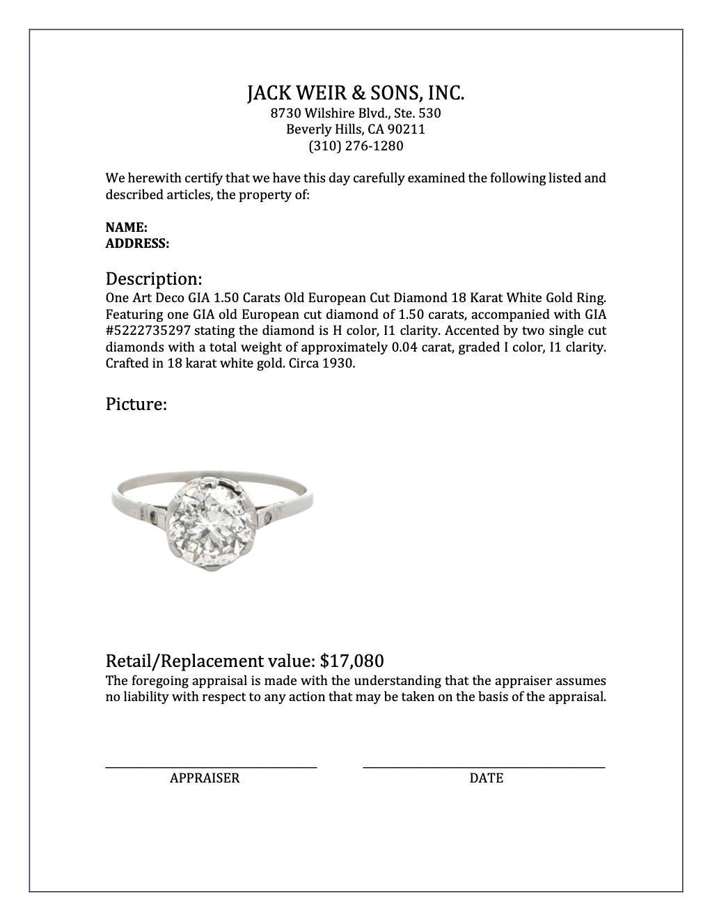 Art Deco GIA 1.50 Carats Old European Cut Diamond 18 Karat White Gold Ring 3