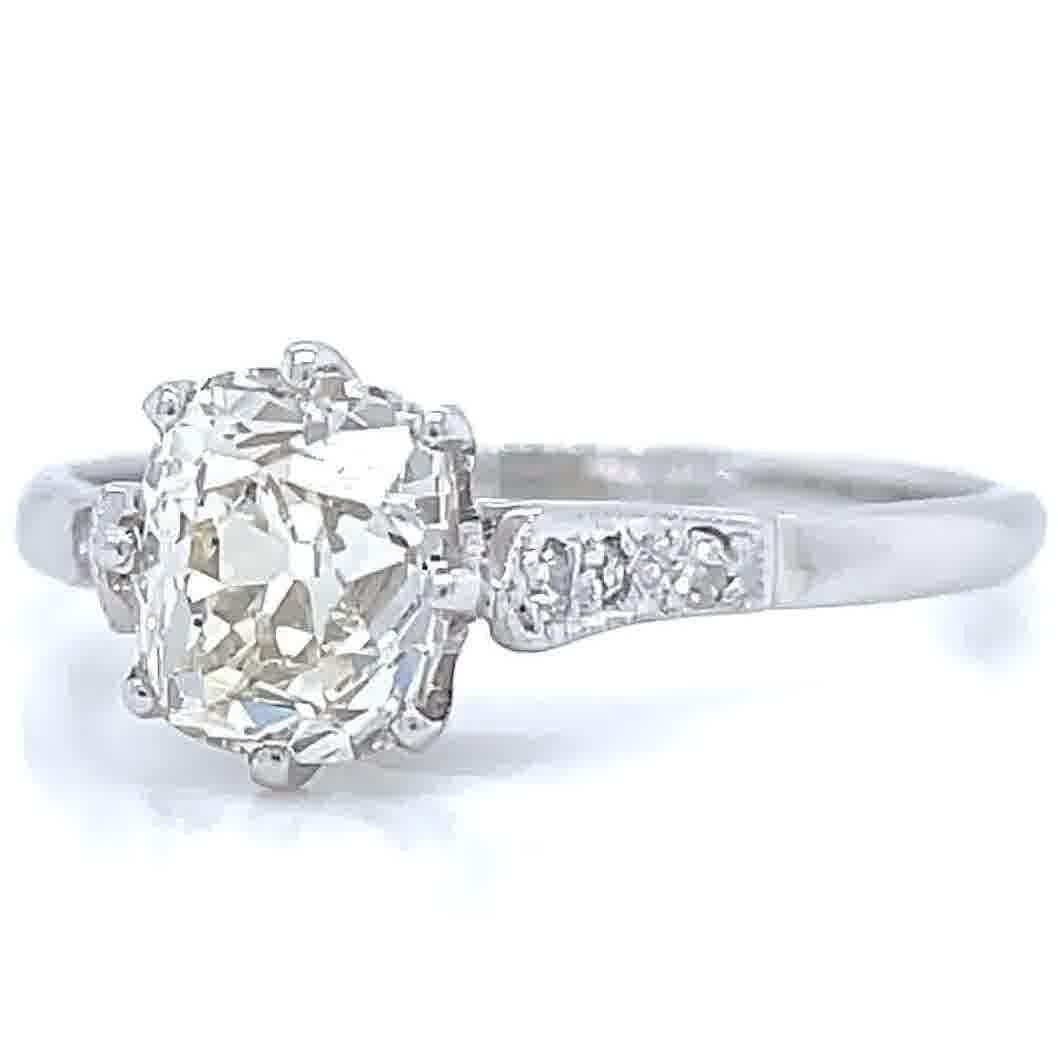 Women's Art Deco GIA 1.51 Carat Antique Cushion Cut Diamond Platinum Engagement Ring