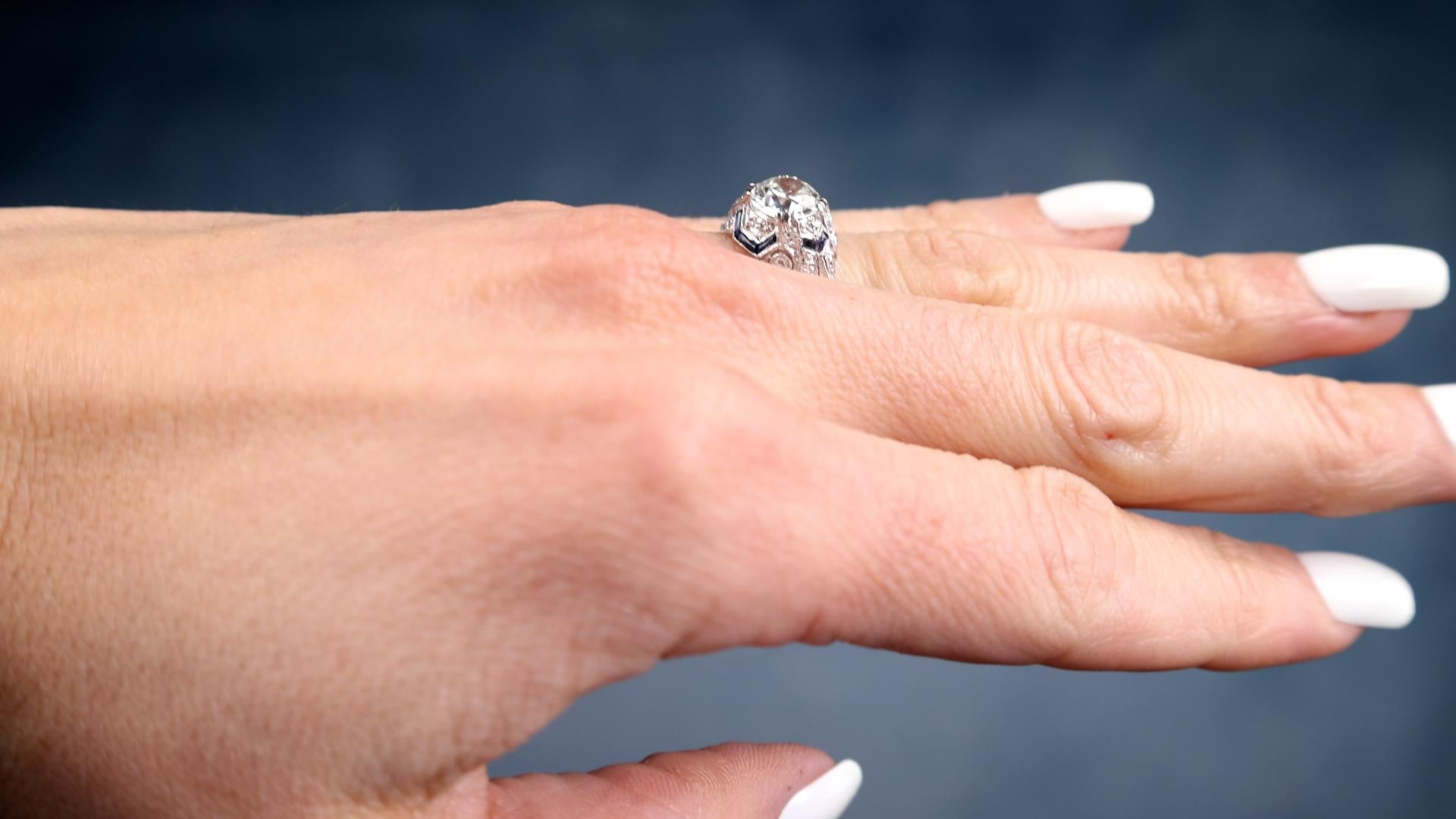 Women's or Men's Art Deco GIA 1.51 Carat Old European Cut Diamond and Sapphire Platinum Ring For Sale