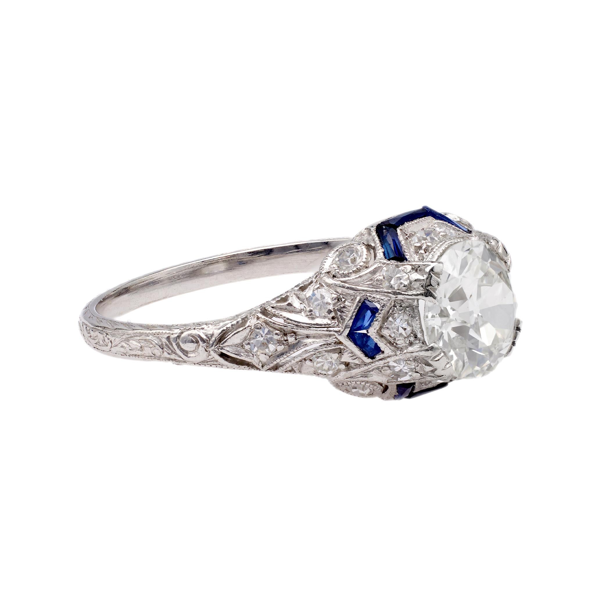 Art Deco GIA 1.51 Carat Old European Cut Diamond and Sapphire Platinum Ring For Sale 1