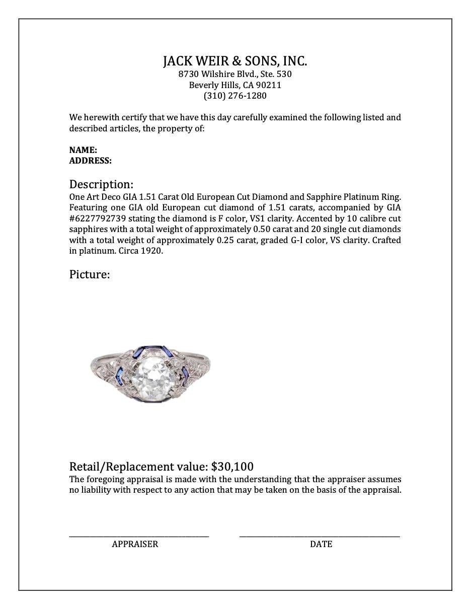 Art Deco GIA 1.51 Carat Old European Cut Diamond and Sapphire Platinum Ring For Sale 4