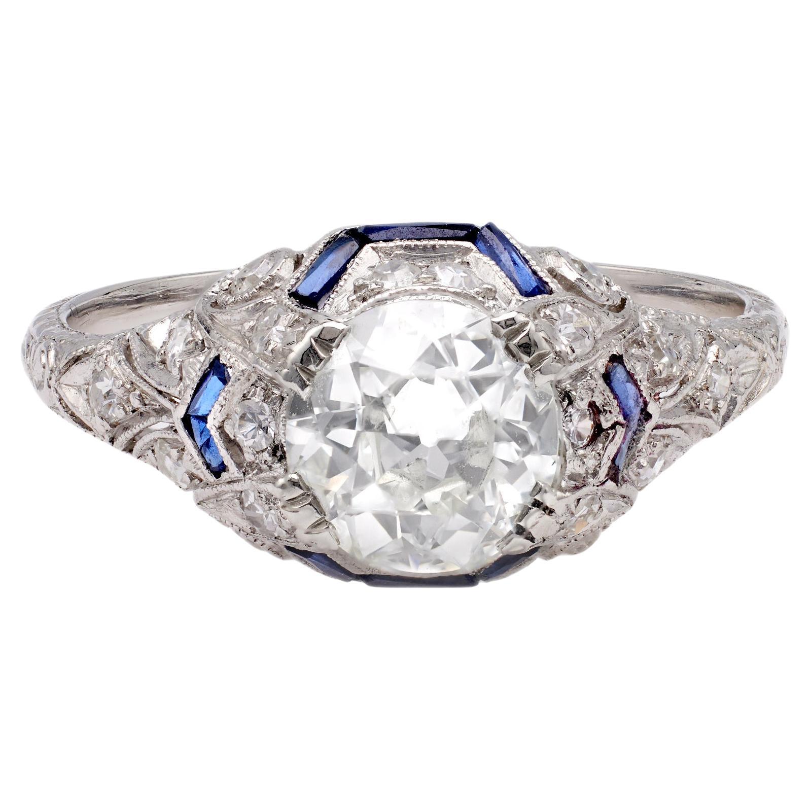 Art Deco GIA 1.51 Carat Old European Cut Diamond and Sapphire Platinum Ring For Sale