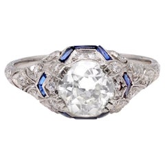 Antique Art Deco GIA 1.51 Carat Old European Cut Diamond and Sapphire Platinum Ring