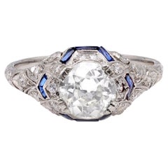 Bague en platine Art déco GIA 1,51 carat Old European Cut Diamond and Sapphire