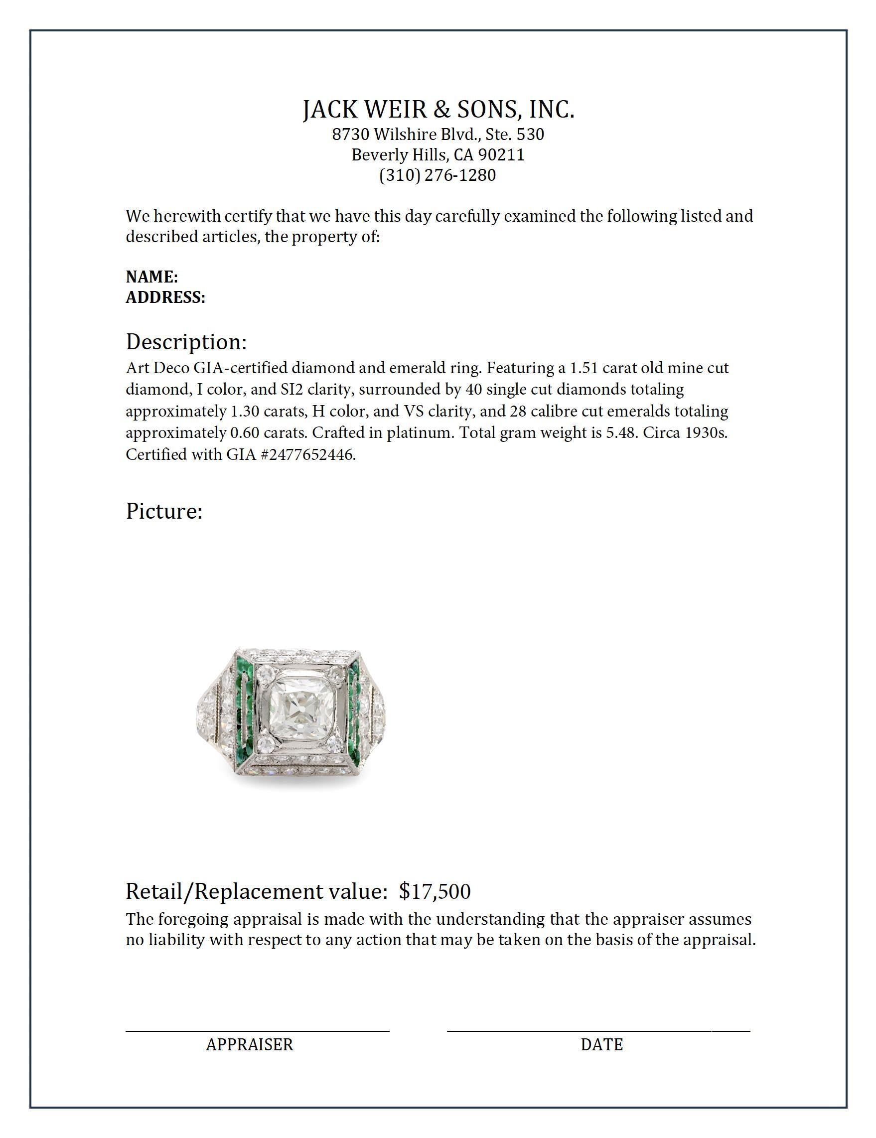 Art Deco Platinring, GIA 1,51 Karat Diamant, Diamant im alten Minenschliff, Smaragd, Platin für Damen oder Herren im Angebot