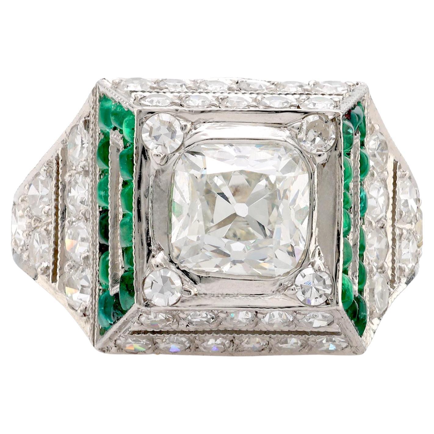 Art Deco GIA 1.51 carat old mine diamond emerald platinum ring