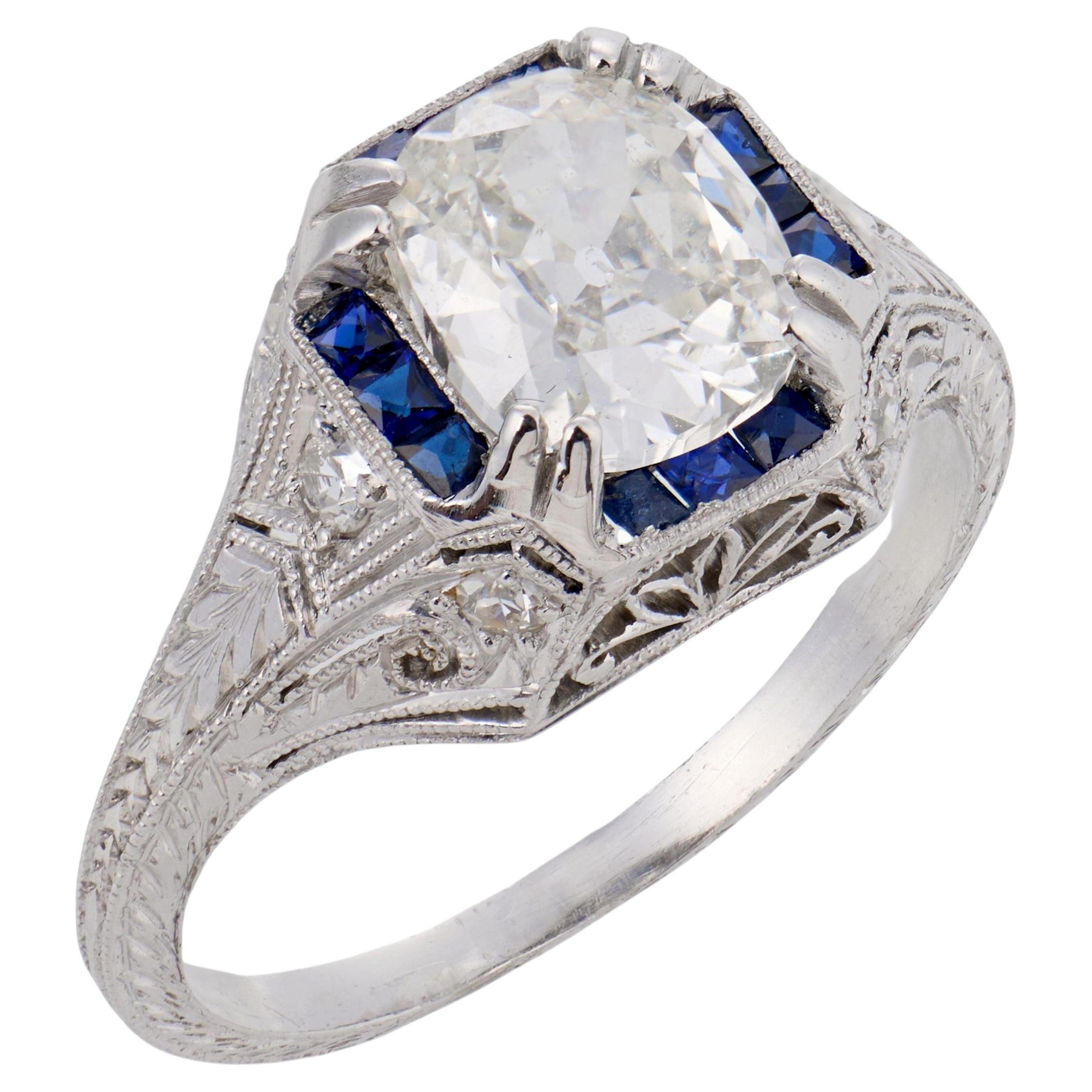 Art Deco GIA 1.52 carat diamond sapphire platinum engagement ring