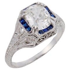 Art Deco GIA 1.52 carat diamond sapphire platinum engagement ring