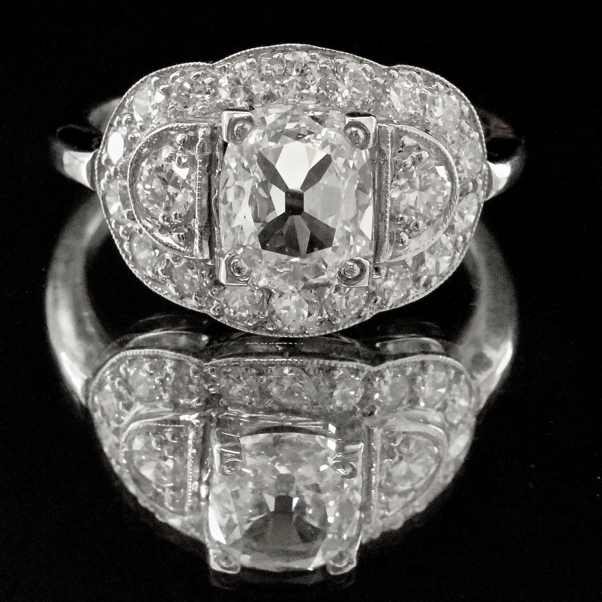 Art Deco GIA 1.52 Carat F SI1 Cushion Cut Diamond Platinum Ring In Good Condition In Beverly Hills, CA