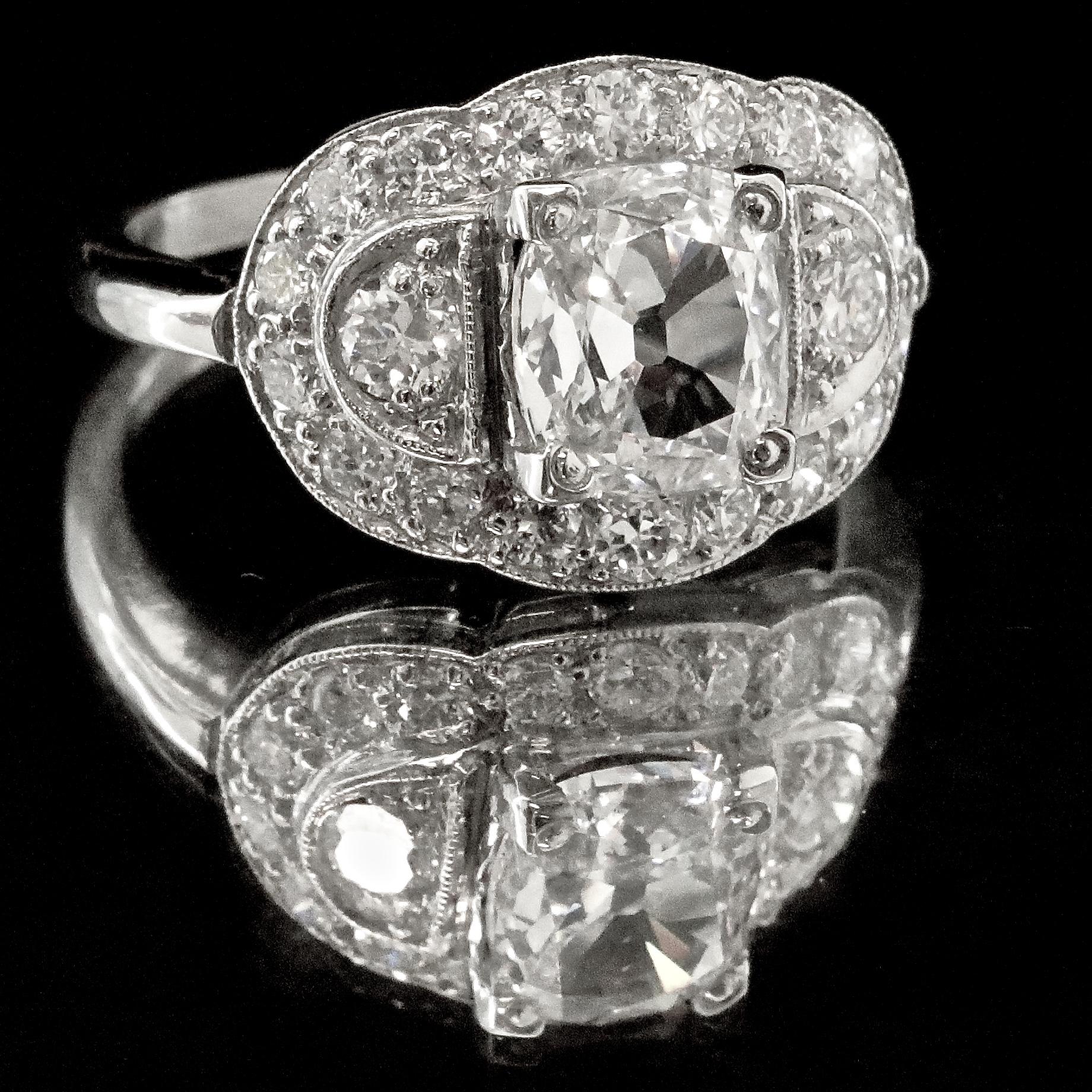 Men's Art Deco GIA 1.52 Carat F SI1 Cushion Cut Diamond Platinum Ring
