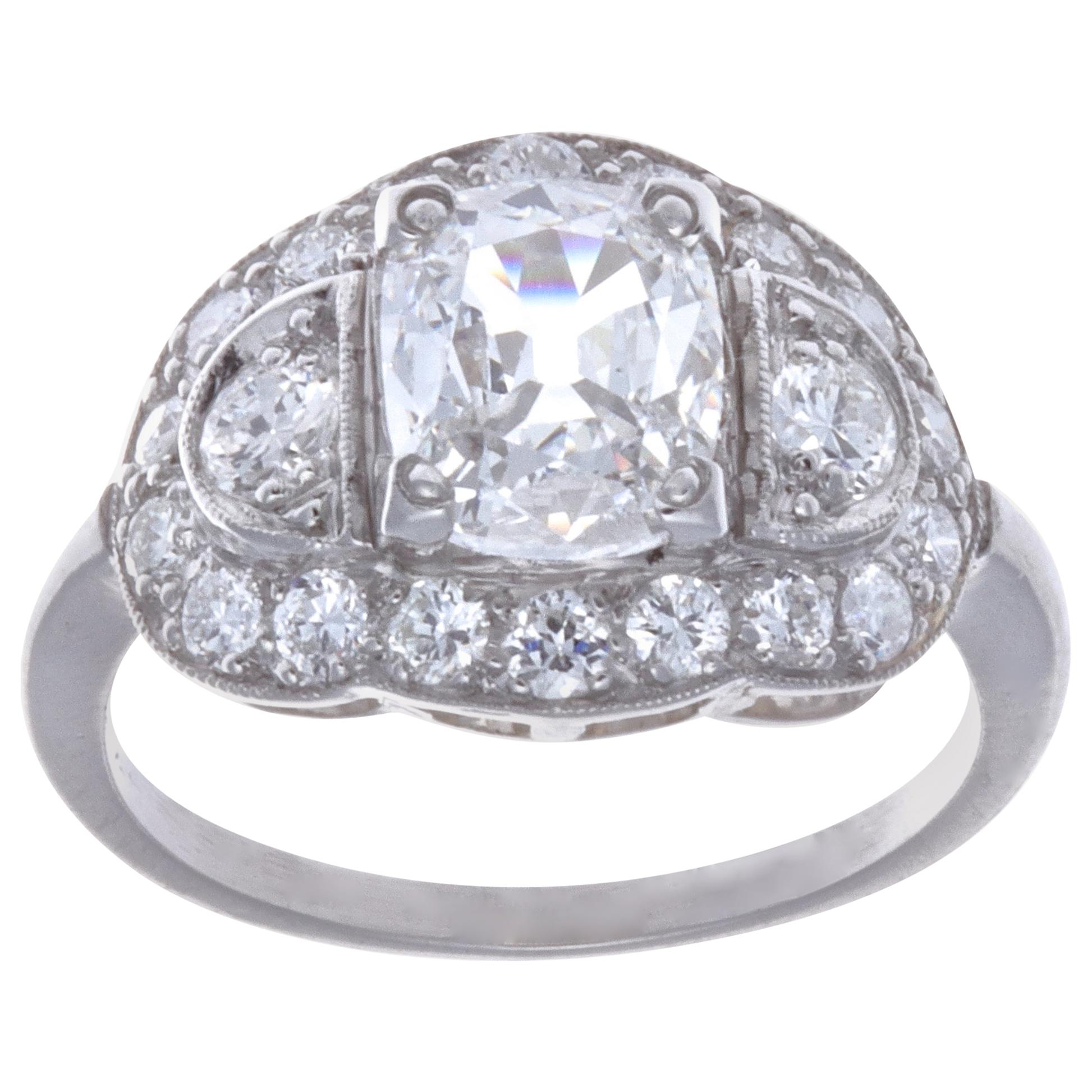 Art Deco GIA 1.52 Carat F SI1 Cushion Cut Diamond Platinum Ring