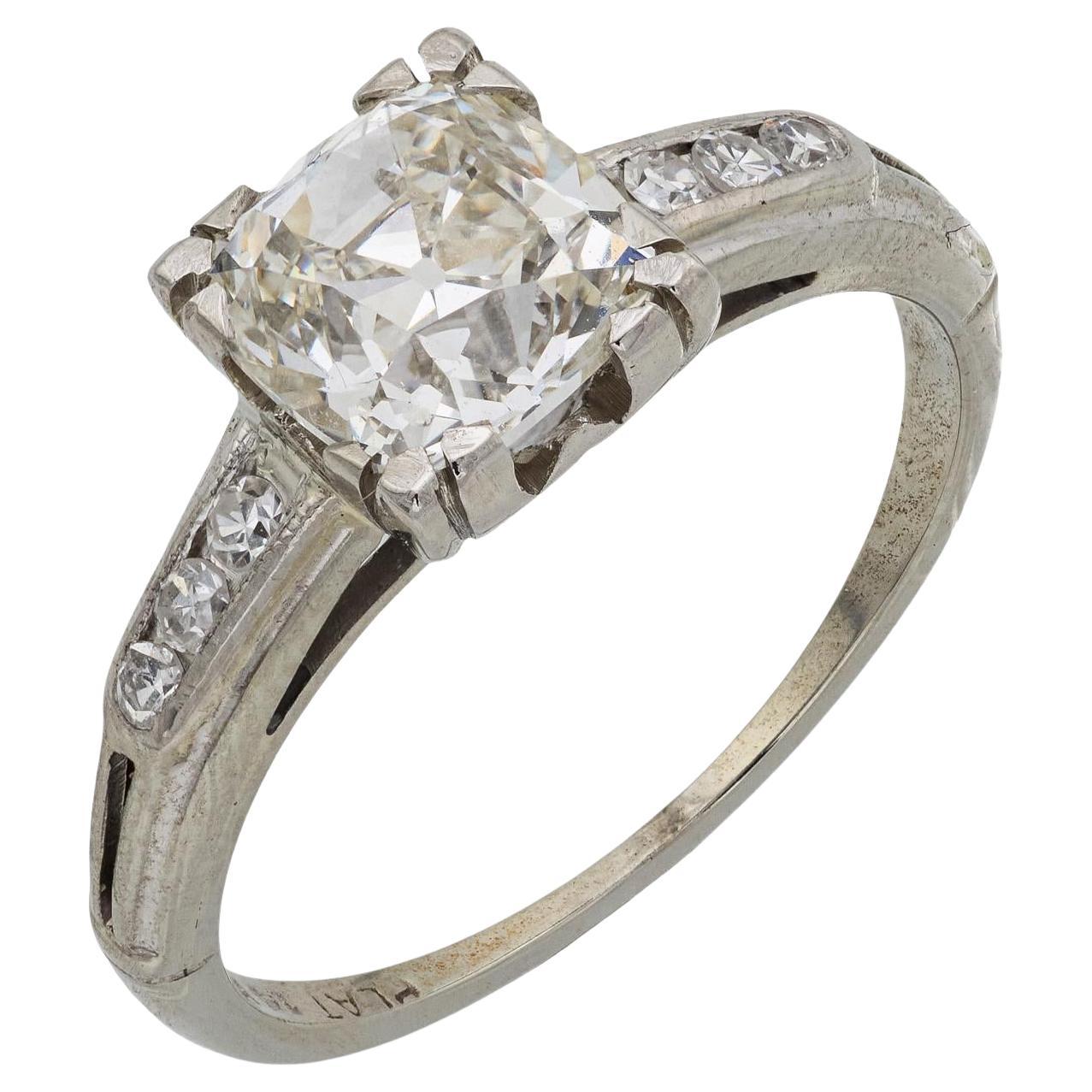 Bague de fiançailles Art déco en platine avec diamant taille ancienne de 1.52 carat, certifié GIA