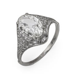 Bague de fiançailles en platine Art déco GIA 1,52 carat diamant taille ovale