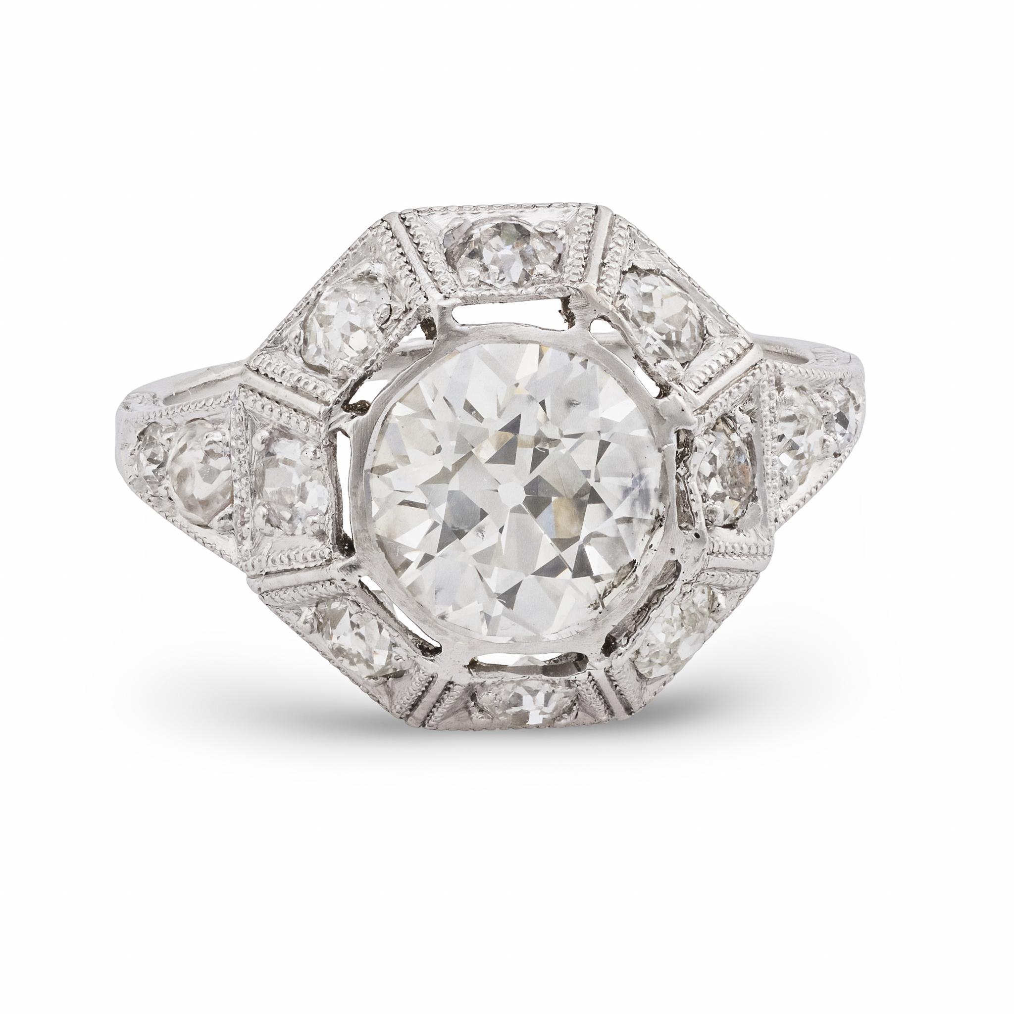 Bague de fiançailles Art déco en platine avec diamant de 1.53 carat certifié GIA en vente 3