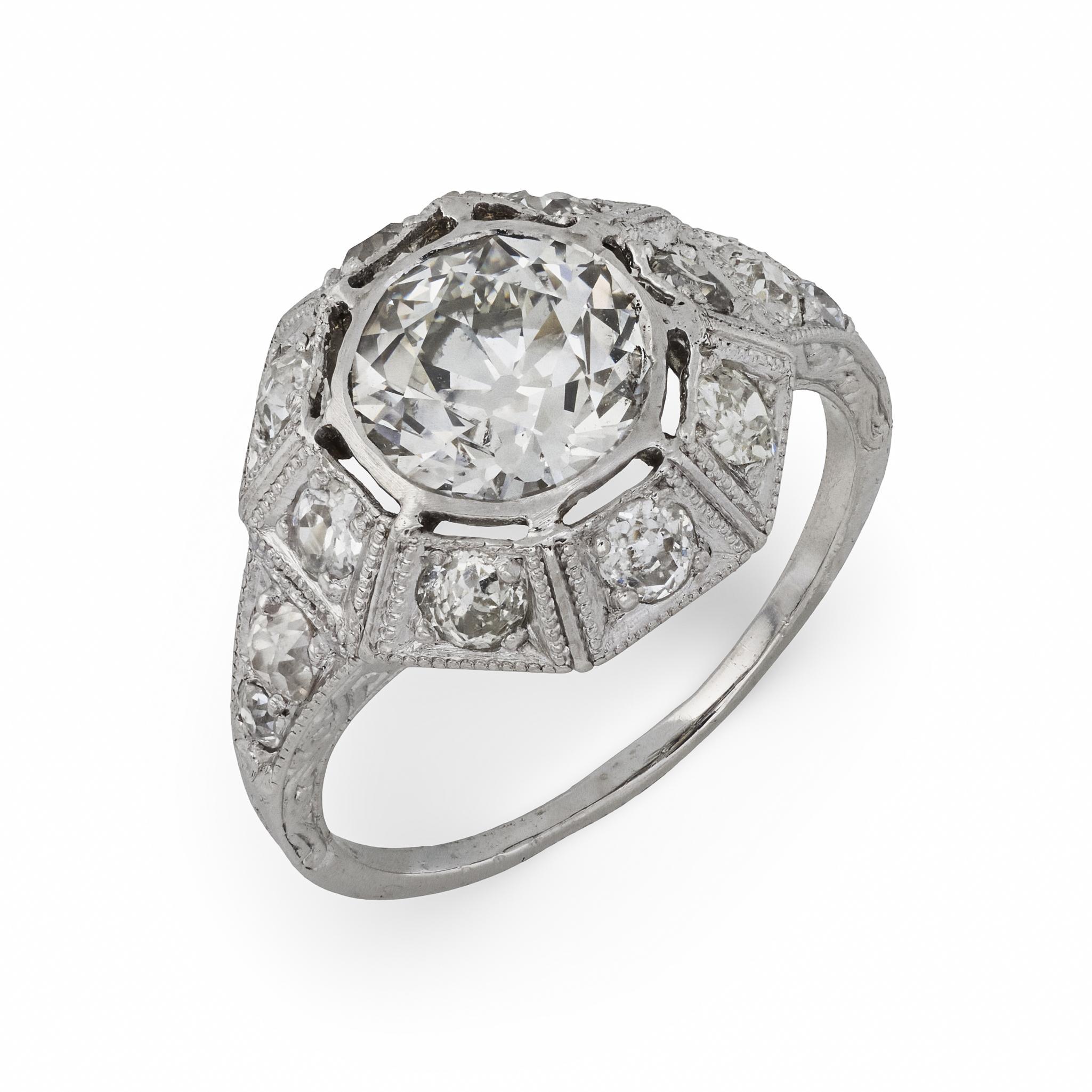Bague de fiançailles Art déco en platine avec diamant de 1.53 carat certifié GIA en vente