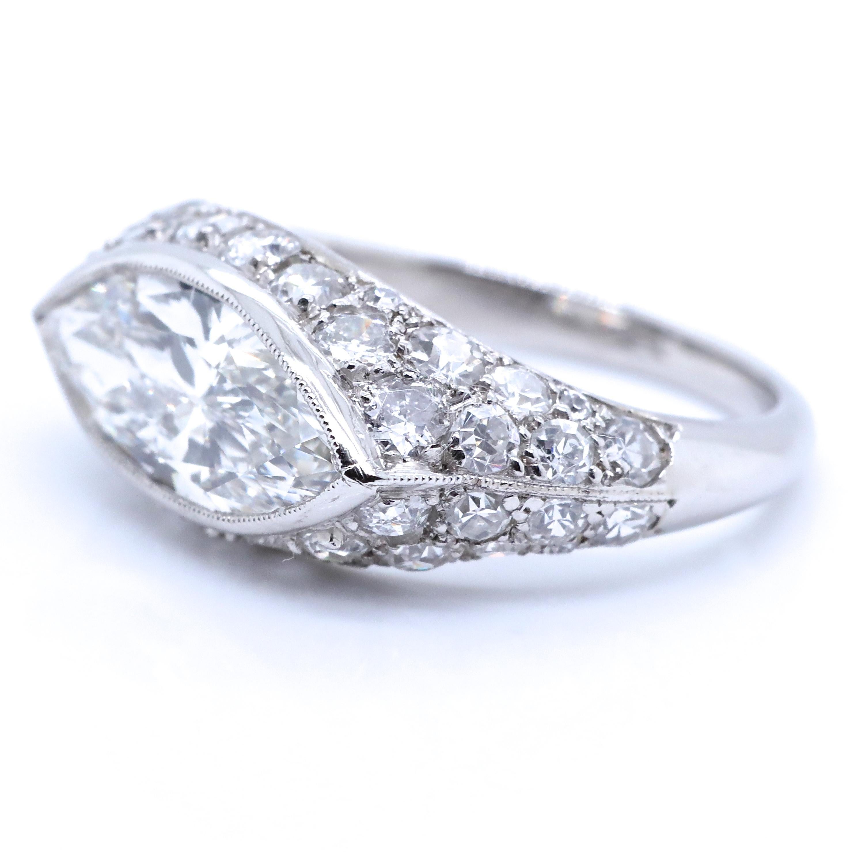 Art Deco GIA 1.53 Carat Marquise Diamond Platinum Micro-Pave Engagement Ring In Excellent Condition In Beverly Hills, CA
