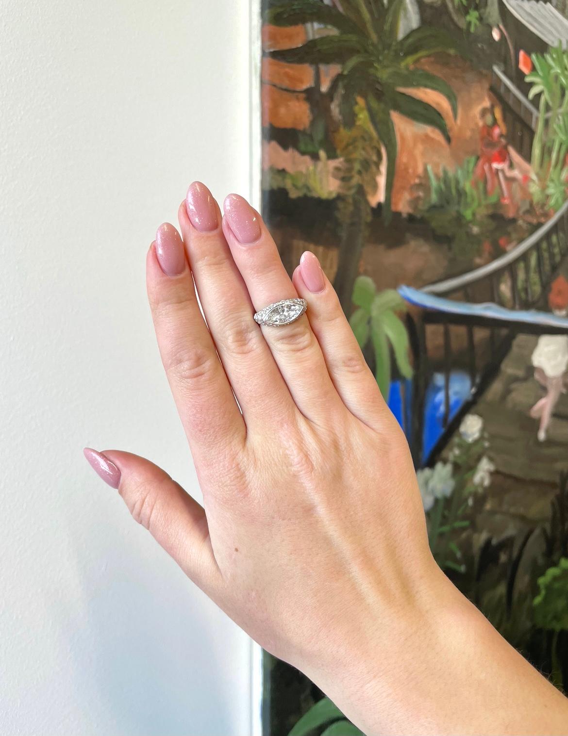 Art Deco GIA 1.53 Carat Marquise Diamond Platinum Micro-Pave Engagement Ring 1