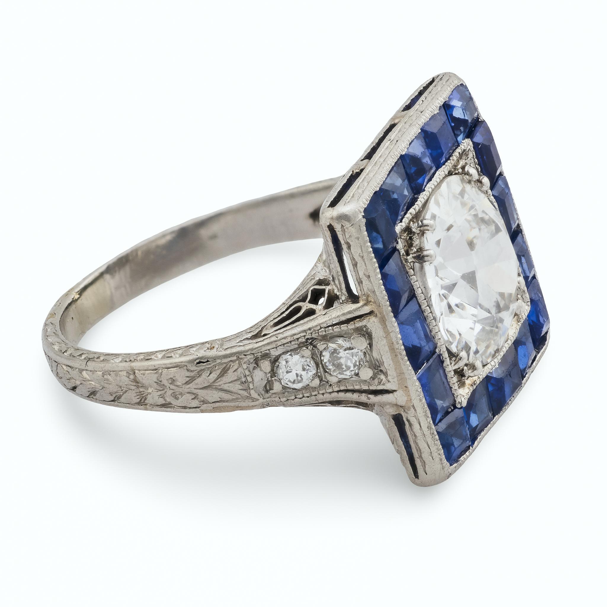 Taille vieille Europe Bague de fiançailles Art déco GIA 1,53 carat diamant saphir de taille européenne ancienne en vente