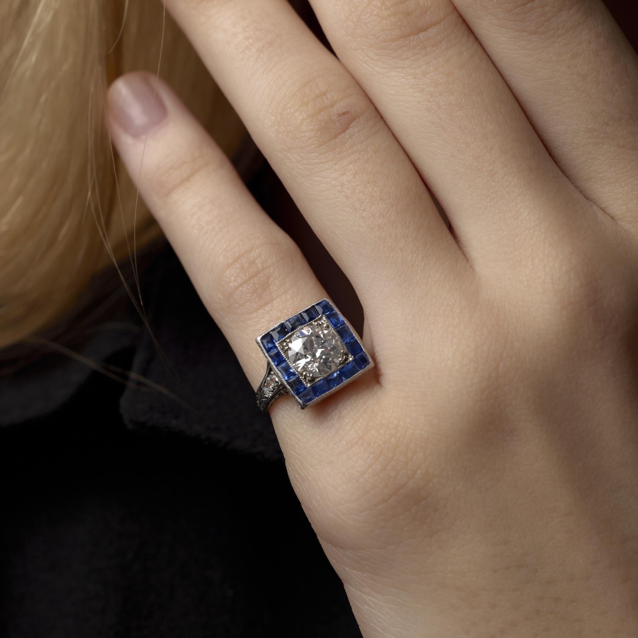 Bague de fiançailles Art déco GIA 1,53 carat diamant saphir de taille européenne ancienne Bon état - En vente à Beverly Hills, CA