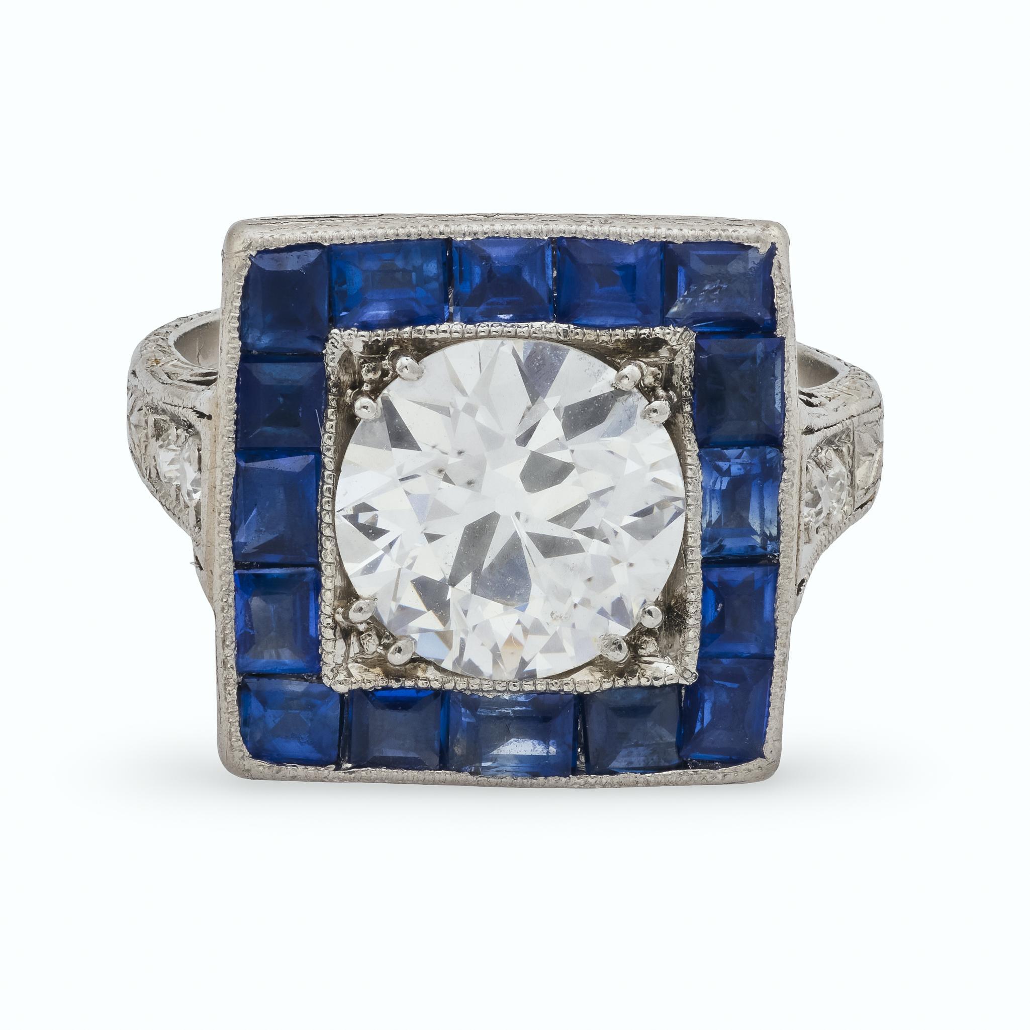 Bague de fiançailles Art déco GIA 1,53 carat diamant saphir de taille européenne ancienne Pour femmes en vente