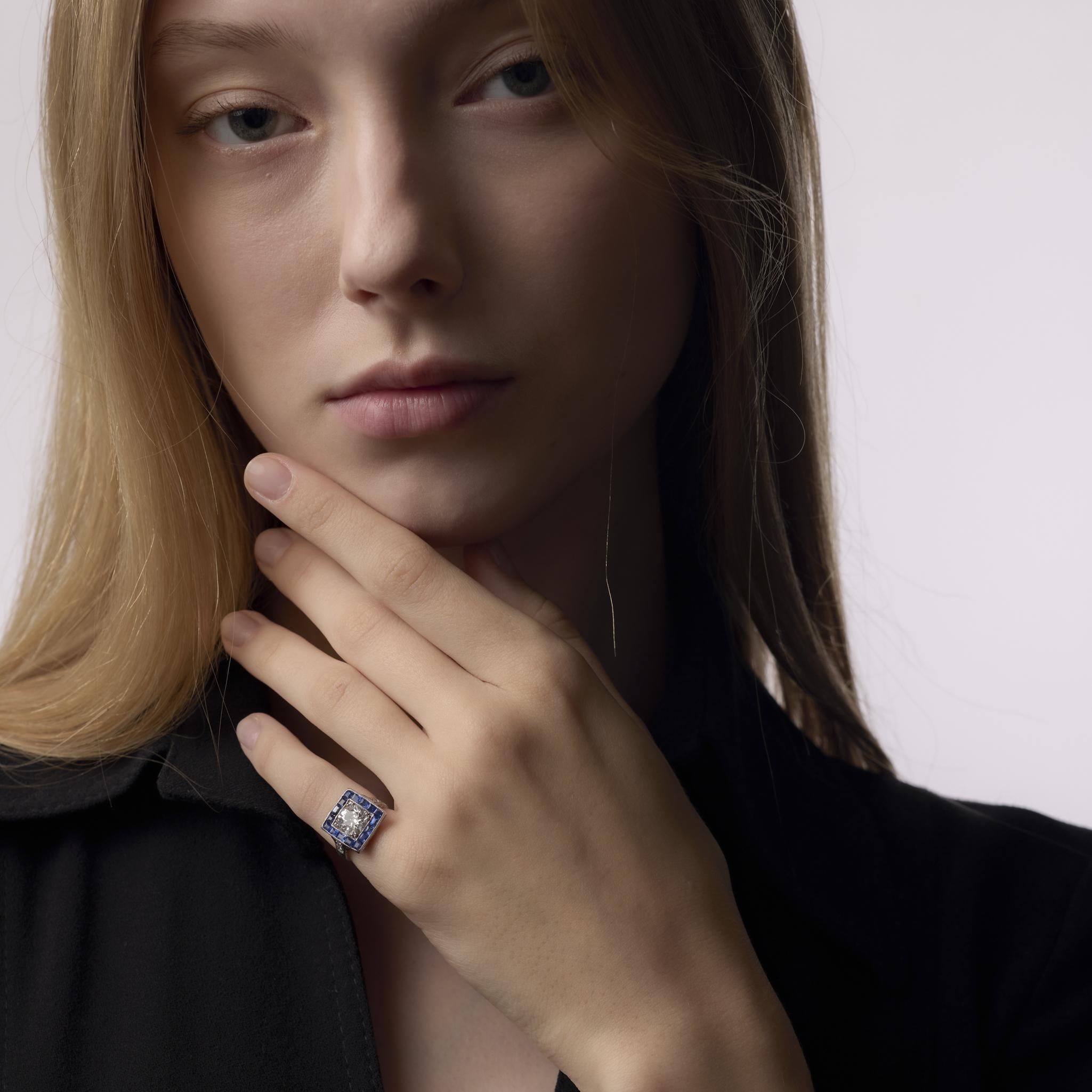 Bague de fiançailles Art déco GIA 1,53 carat diamant saphir de taille européenne ancienne en vente 1