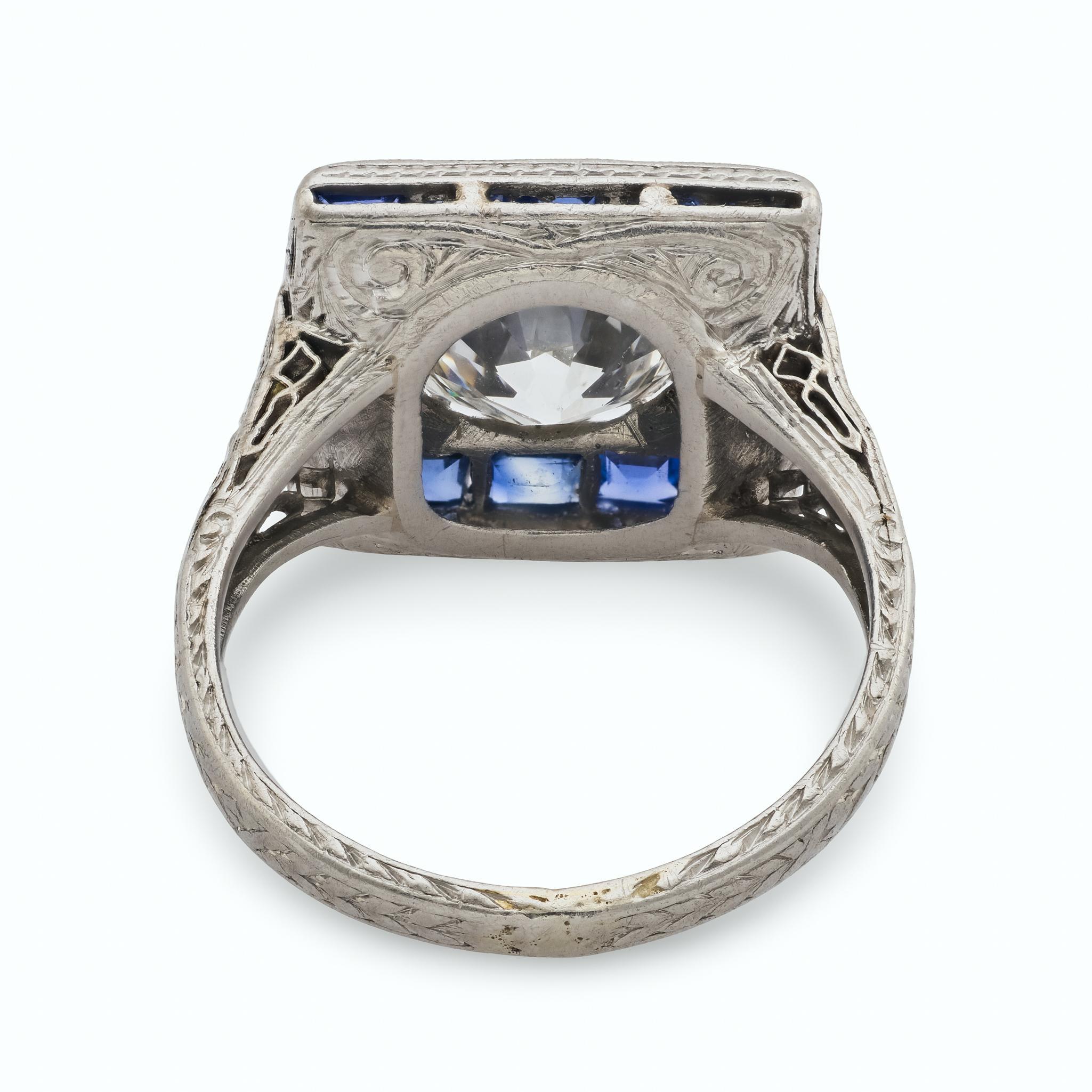 Bague de fiançailles Art déco GIA 1,53 carat diamant saphir de taille européenne ancienne en vente 2