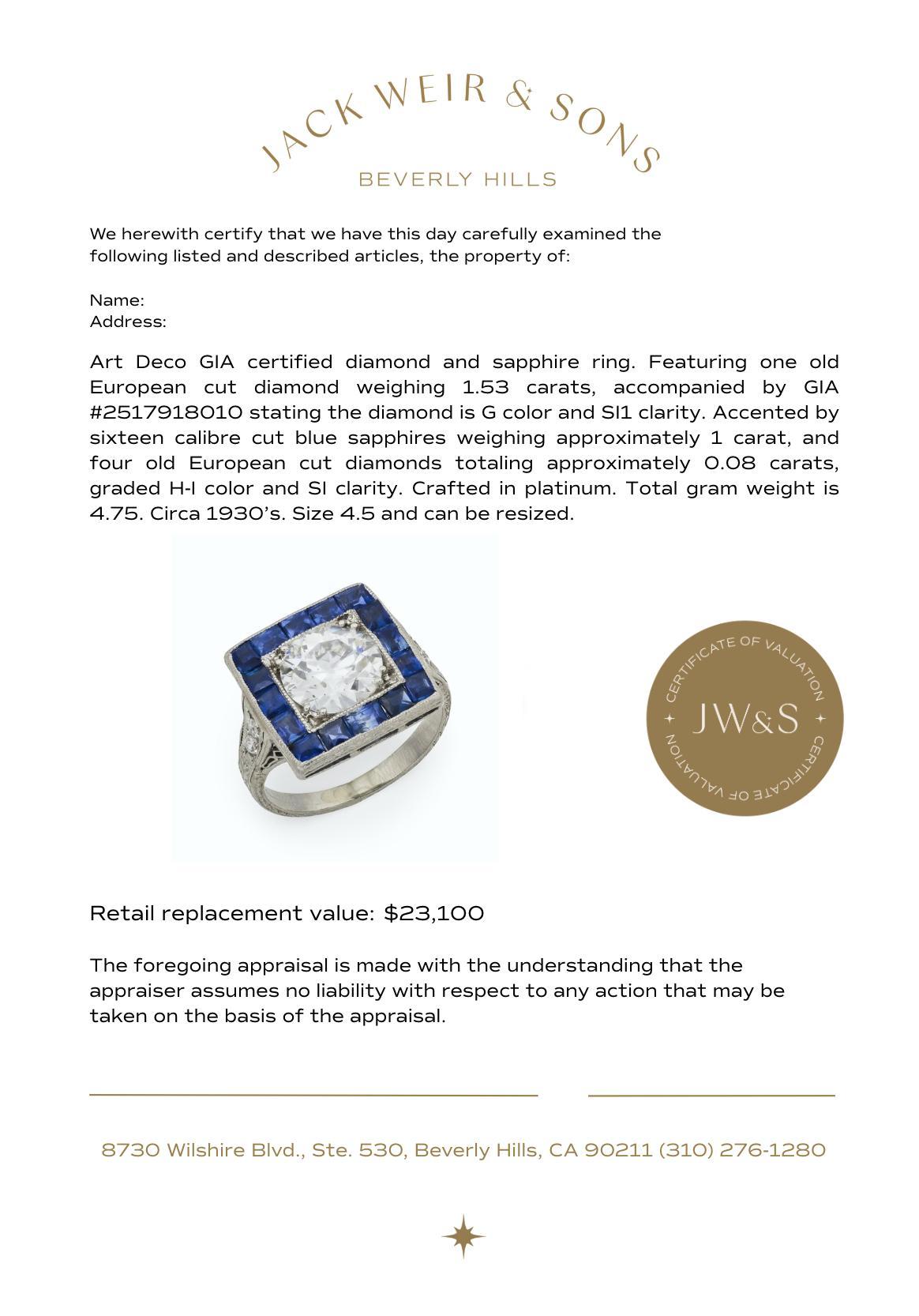 Bague de fiançailles Art déco GIA 1,53 carat diamant saphir de taille européenne ancienne en vente 4