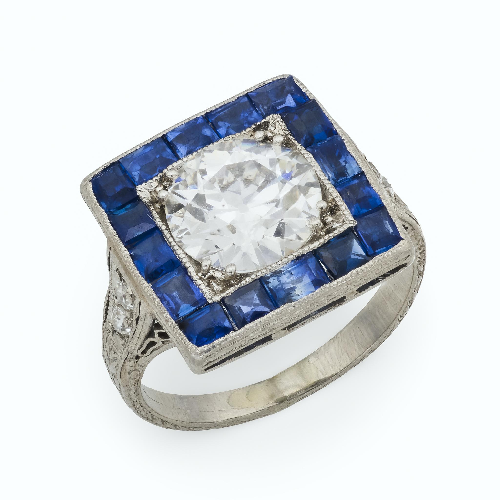 Anello di fidanzamento con zaffiro e diamante taglio europeo Art deco GIA da 1,53 carati