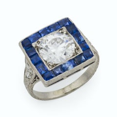 Art deco GIA 1.53 carat old European cut diamond sapphire engagement ring