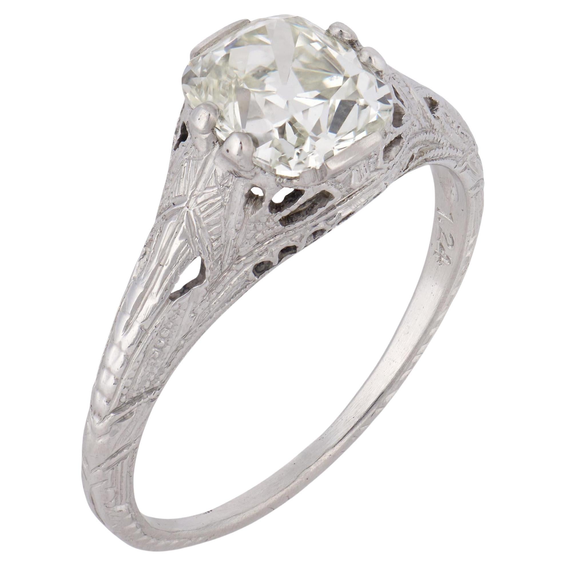 Anillo de compromiso de platino con diamante talla mina antigua Art Déco GIA de 1.53 quilates en venta