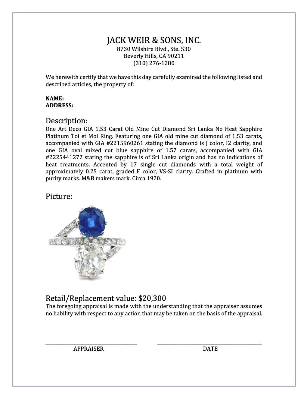 Art Deco GIA 1.53 Carat Old Mine Cut Diamond Sapphire Platinum Toi Et Moi Ring 5